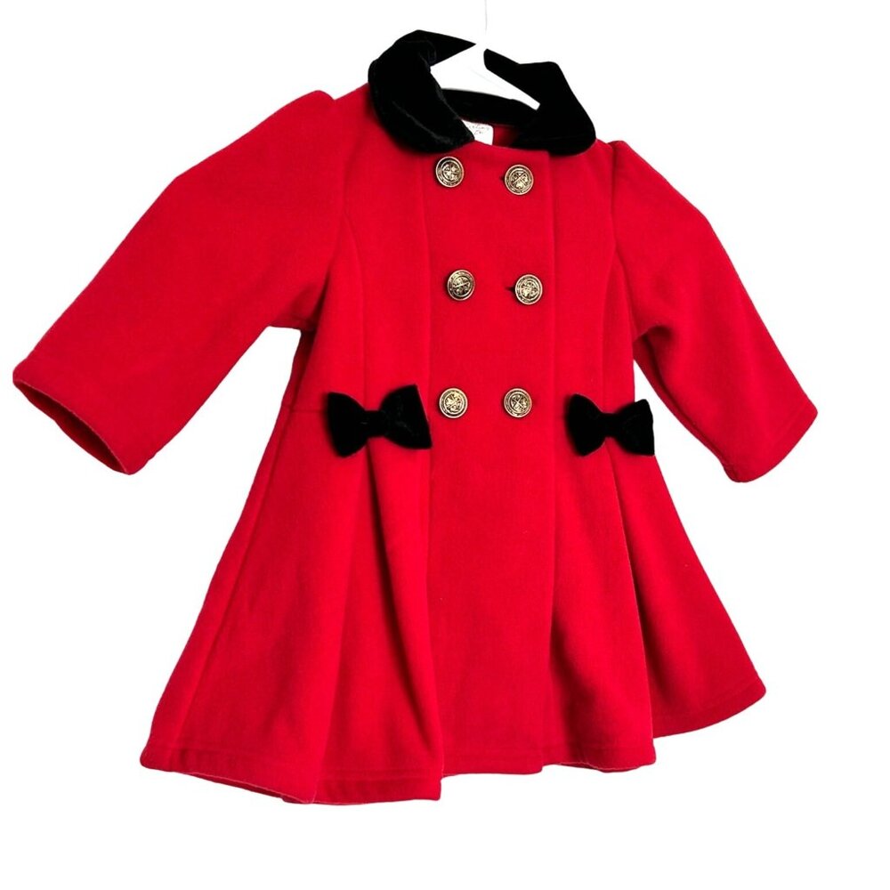 Girls Good Lad Red Double Breasted Bow Coat with Gold Buttons Velvet Collar - Picture 3 of 10